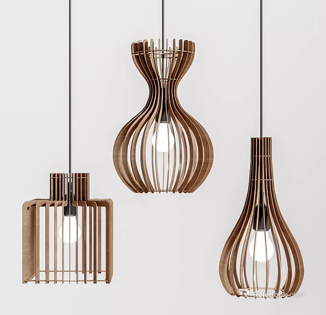 Modern Wooden Pendant Lights With Various Geometric Hollow Designs And Warm Illumination 3d model 