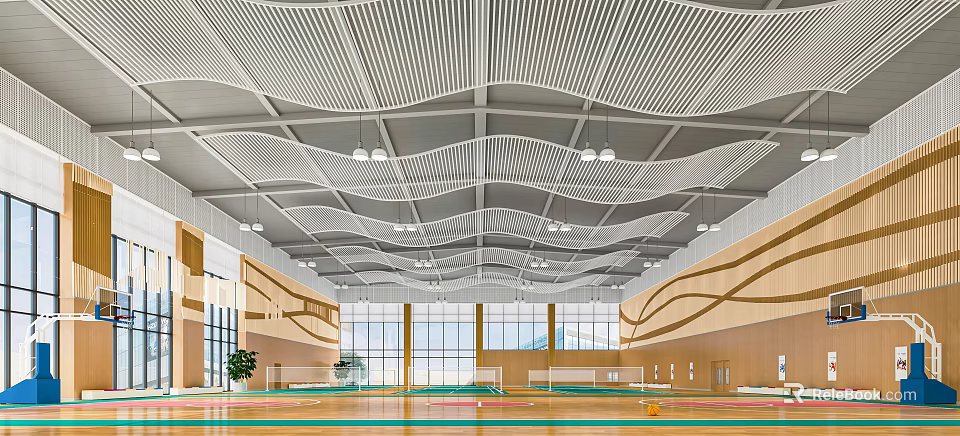 Modern Basketball Gymnasium with Wave Ceiling Design Large Windows Wooden Walls and Colorful Floor 3d model 