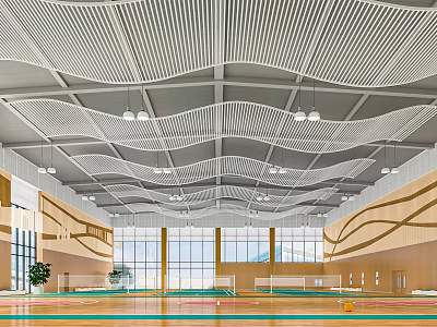 Modern Basketball Gymnasium with Wave Ceiling Design Large Windows Wooden Walls and Colorful Floor 3d model