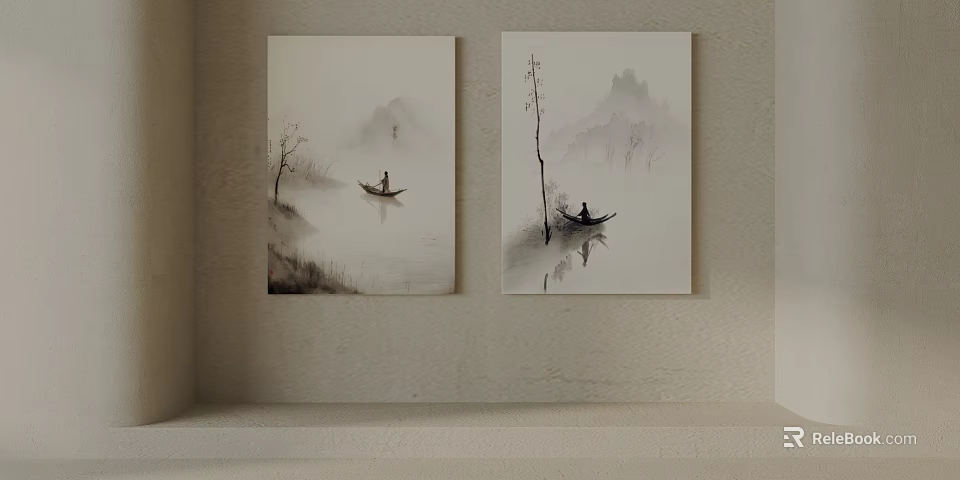Misty Ink Wash Landscape Paintings With Small Boat Person Trees Distant Mountains Wall Hanging 3d model 