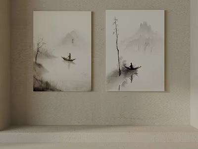 Misty Ink Wash Landscape Paintings With Small Boat Person Trees Distant Mountains Wall Hanging 3d model