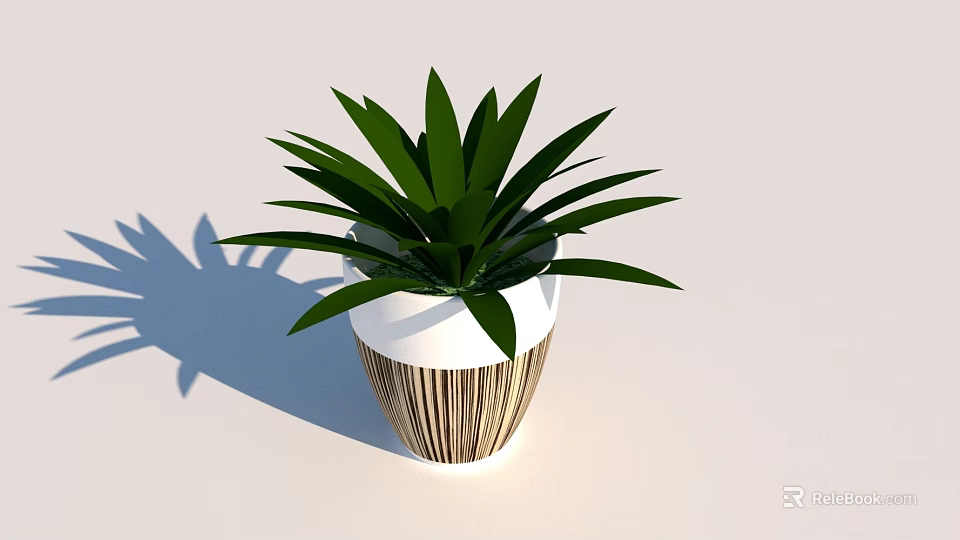 Lush Green Bonsai Potted Plant With Long Leaves In White Brown Striped Pot 3d model 