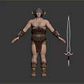Man In Horned Helmet With Leather Armor Arm Guards Boots And Long Sword