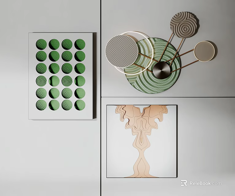 Modern Wall Decor with Metallic Circular and Abstract Art Pieces 3d model