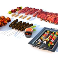 Assorted Grilled Food Platter With Meat Kebabs Ribs Vegetable Skewers Fruits And Sauce