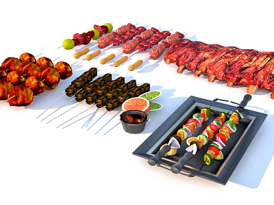 Assorted Grilled Food Platter With Meat Kebabs Ribs Vegetable Skewers Fruits And Sauce 3d model