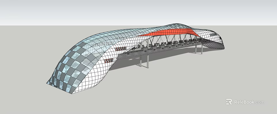 Modern Curved Bridge Design Featuring Glass Grid And Red Structural Elements 3d model