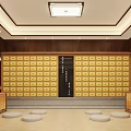 Traditional Chinese Memorial Hall With Wooden Structure Yellow Grid Walls And Offering Table
