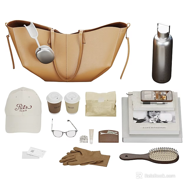 Chic Decorative Ornament Set With Leather Handbag Stainless Steel Flask White Cap And Vintage Typewriter 3d model 