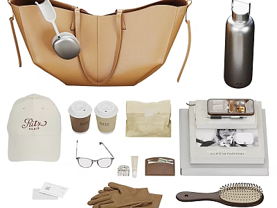 Chic Decorative Ornament Set With Leather Handbag Stainless Steel Flask White Cap And Vintage Typewriter 3d model
