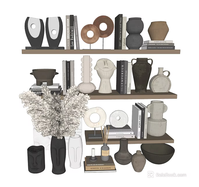 Decorative Ornament Set With Vases Sculptures Books And Dried Flowers On Shelves 3d model 