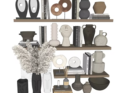 Decorative Ornament Set With Vases Sculptures Books And Dried Flowers On Shelves 3d model