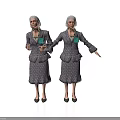 Two Elderly Women in Similar Patterned Dresses Standing Together Holding Green Items Against White Background