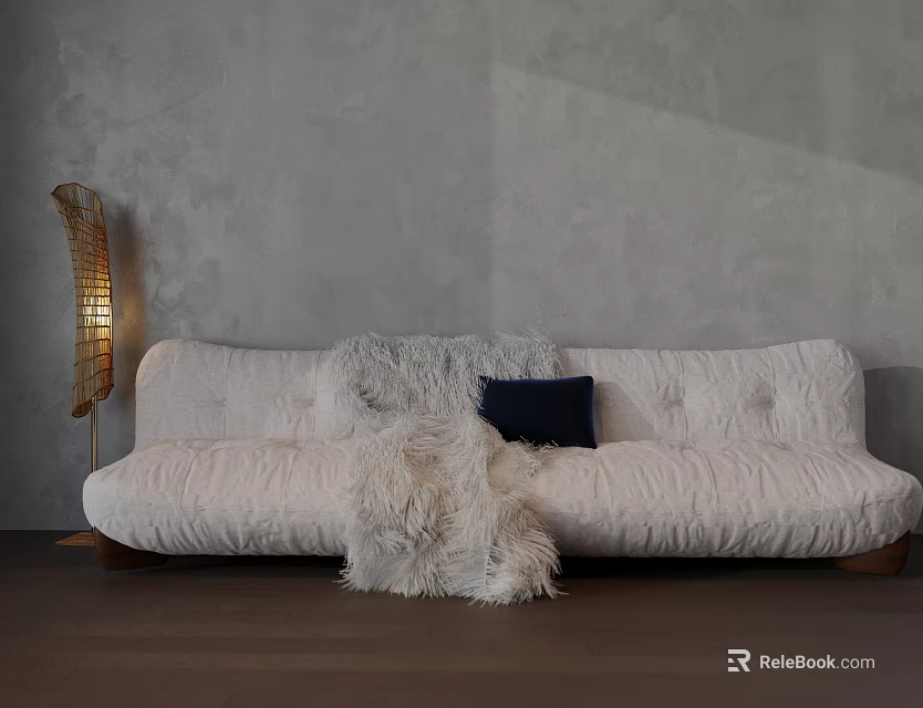 Light Sectional Sofa Featuring Faux Fur Throw Dark Cushion Wooden Legs Gray Wall 3d model 