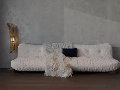 Light Sectional Sofa Featuring Faux Fur Throw Dark Cushion Wooden Legs Gray Wall 3d model