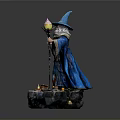 Man In Blue Robe Pointed Hat With White Beard Holding Glowing Staff On Rock Base