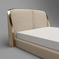 Double Bed With Beige Quilted Headboard Golden Edges And White Mattress