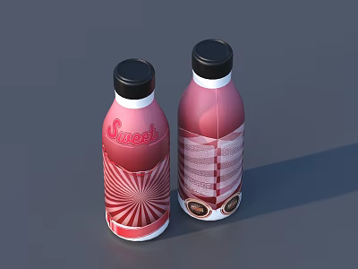 Smoothie Drink Bottles With Red Pink Design Black Caps And Patterned Labels Packaging 3d model