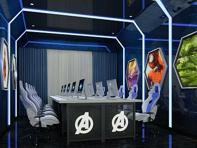 Modern Gaming Internet Cafe With Blue Lighting White Chairs Avengers Logo Table Computers And Game Posters 3d model