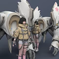 Game And Movie Characters With White Mechanical Creatures And Tactical Outfits