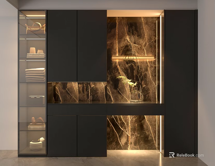 Dark Modern Decorative Cabinet with Glass Doors Marble Texture Backdrop Interior Lighting and Display Shelves 3d model 