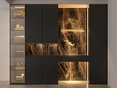 Dark Modern Decorative Cabinet with Glass Doors Marble Texture Backdrop Interior Lighting and Display Shelves 3d model