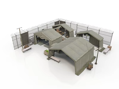 Outdoor Canopies Setup With Wire Fence Benches And Equipment For Shelter 3d model