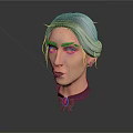 Woman with Gray Hair Updo Red Earrings Purple Turtleneck and Red Necklace 3D Portrait