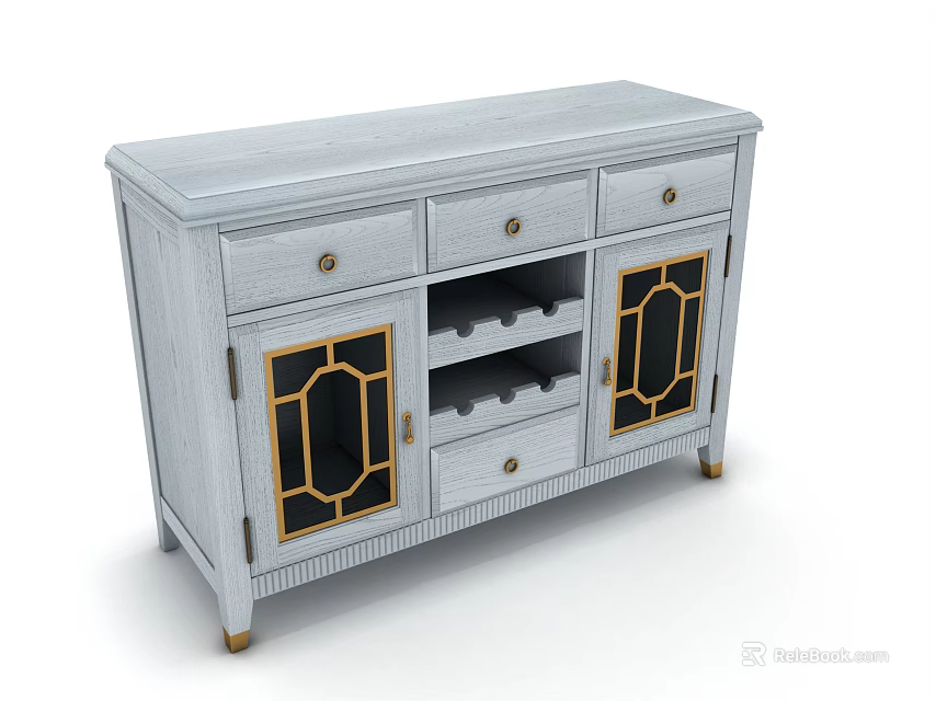 Elegant Light Gray Sideboard With Gold Accent Glass Doors And Wine Racks 3d model 