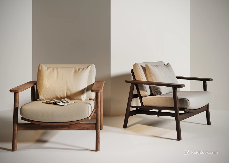 Modern Leisure Chairs With Wooden Armrests Comfortable Cushions And Natural Tones In Living Room 3d model 