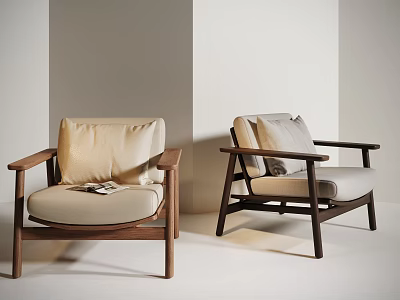 Modern Leisure Chairs With Wooden Armrests Comfortable Cushions And Natural Tones In Living Room 3d model