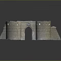 Ancient Stone Fortress Landscape Featuring Archway Gate Round Towers And Snowy Base