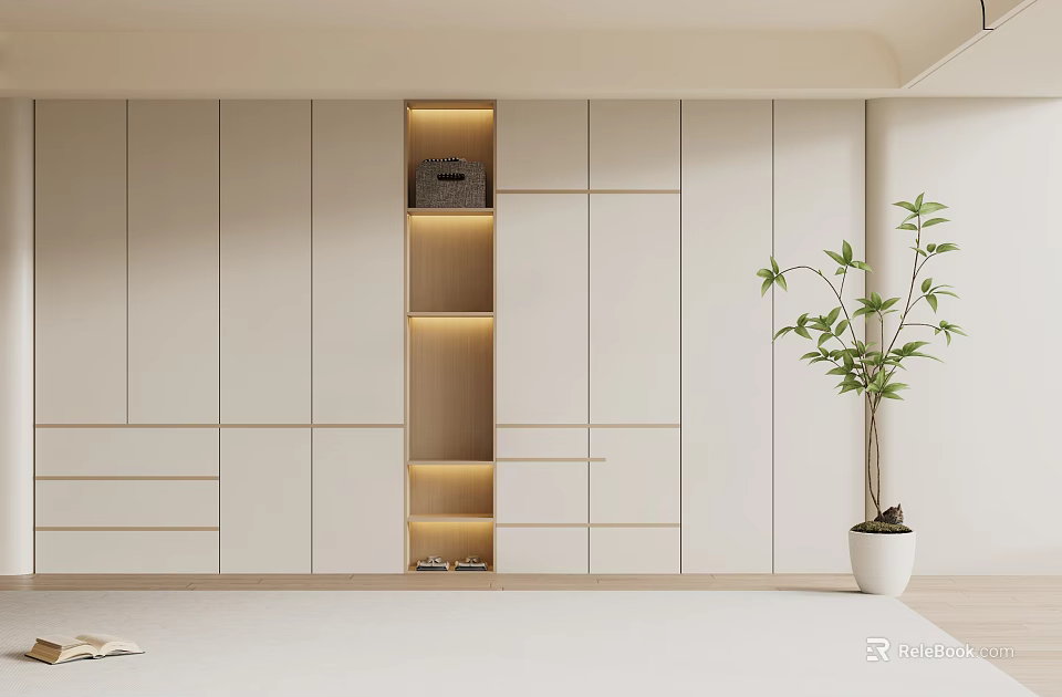 Modern Minimalist Wardrobe Design With White Panels Wooden Open Shelves And LED Lighting 3d model 
