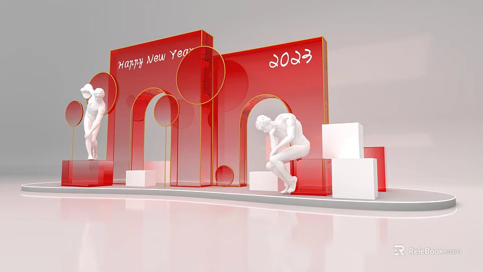 Red Archway Display with 2023 Xiaoyi Miao Yuan and White Sculptures on Cubes 3d model 