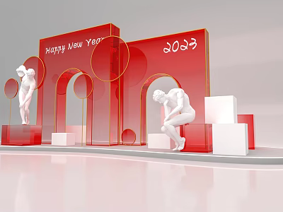 Red Archway Display with 2023 Xiaoyi Miao Yuan and White Sculptures on Cubes 3d model