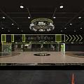 Modern Basketball Gym Interior With Wooden Court Floor Suspended Scoreboard And LED Lighting