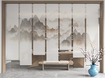 Elegant Chinese Style Curtain with Landscape Painting and Wooden Frame in Refined Interior Space 3d model