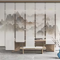 Elegant Chinese Style Curtain with Landscape Painting and Wooden Frame in Refined Interior Space