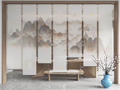 New Chinese Style Gauze Curtain Zen Landscape Painting Gauze Curtain Landscape Painting Partition Study Tea Room Gauze Curtain Landscape Ink Painting Screen 3d model