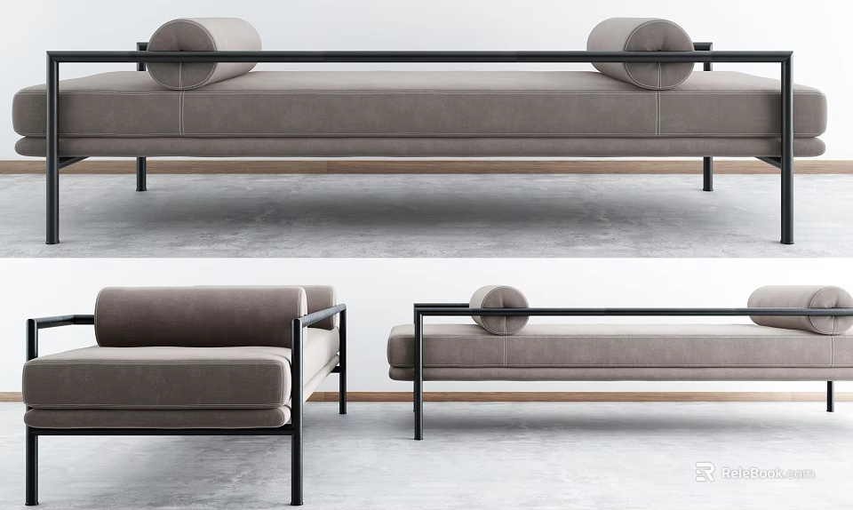 Modern Taupe Sofa Bench With Black Metal Frame And Round Cushions Minimalist Design 3d model 