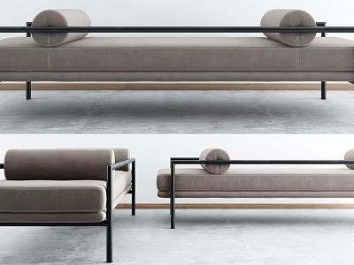 Modern Taupe Sofa Bench With Black Metal Frame And Round Cushions Minimalist Design 3d model