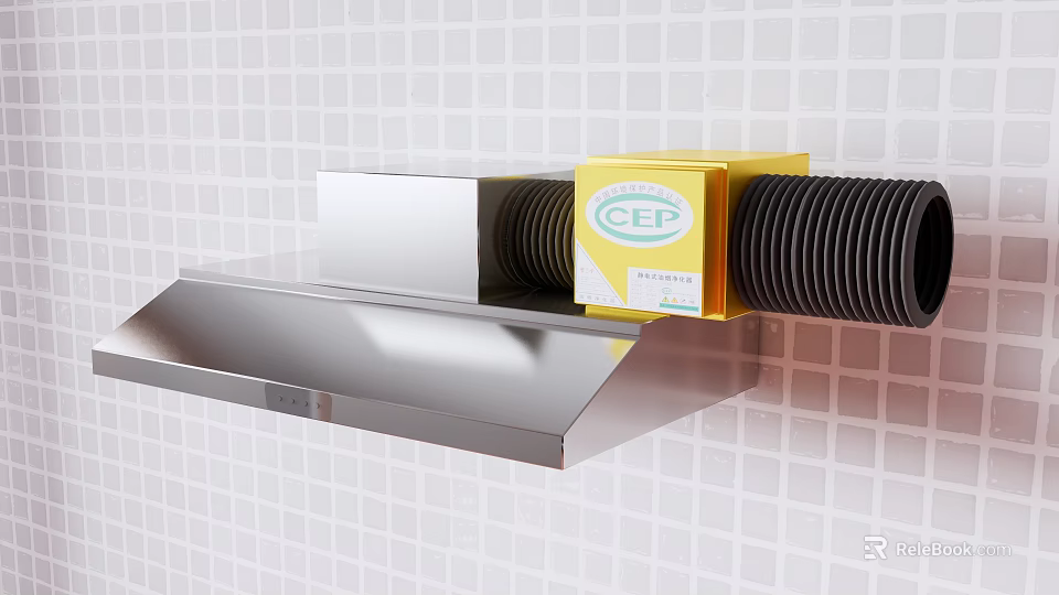Commercial Kitchen Essential Stainless Steel Range Hood With CEP Labeled Box And White Tiled Wall 3d model 