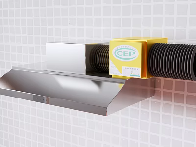 Commercial Kitchen Essential Stainless Steel Range Hood With CEP Labeled Box And White Tiled Wall 3d model