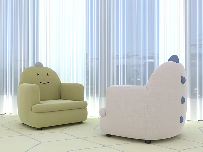 Cute Dinosaur Shaped Single Sofa Two Piece Green Beige Fabric Bright Curtain Background Light Interior 3d model