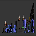 Fantasy Scene Component With Circular Structure Burning Torches Blue Crystals And Green Glow