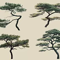 Four Artistic Curved Branch Trees With Green Foliage And Unique Shapes