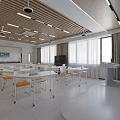 Modern Classroom With Wooden Walls White Tables Tablets Large Screen Projector And Ceiling Lighting