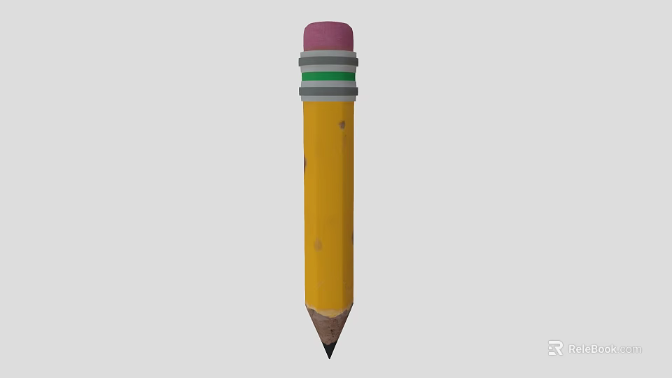 Yellow Pencil With Pink Eraser Cap Green Gray Bands And Sharpened Tip 3d model 
