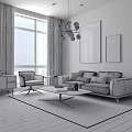Modern Living Room Sofa And Coffee Table Set With Large Window Curtains Chandelier And Artwork