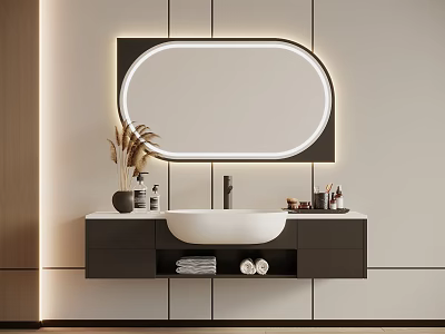 Modern Bathroom Vanity With Oval Backlit Mirror And Toiletries On Counter Top 3d model